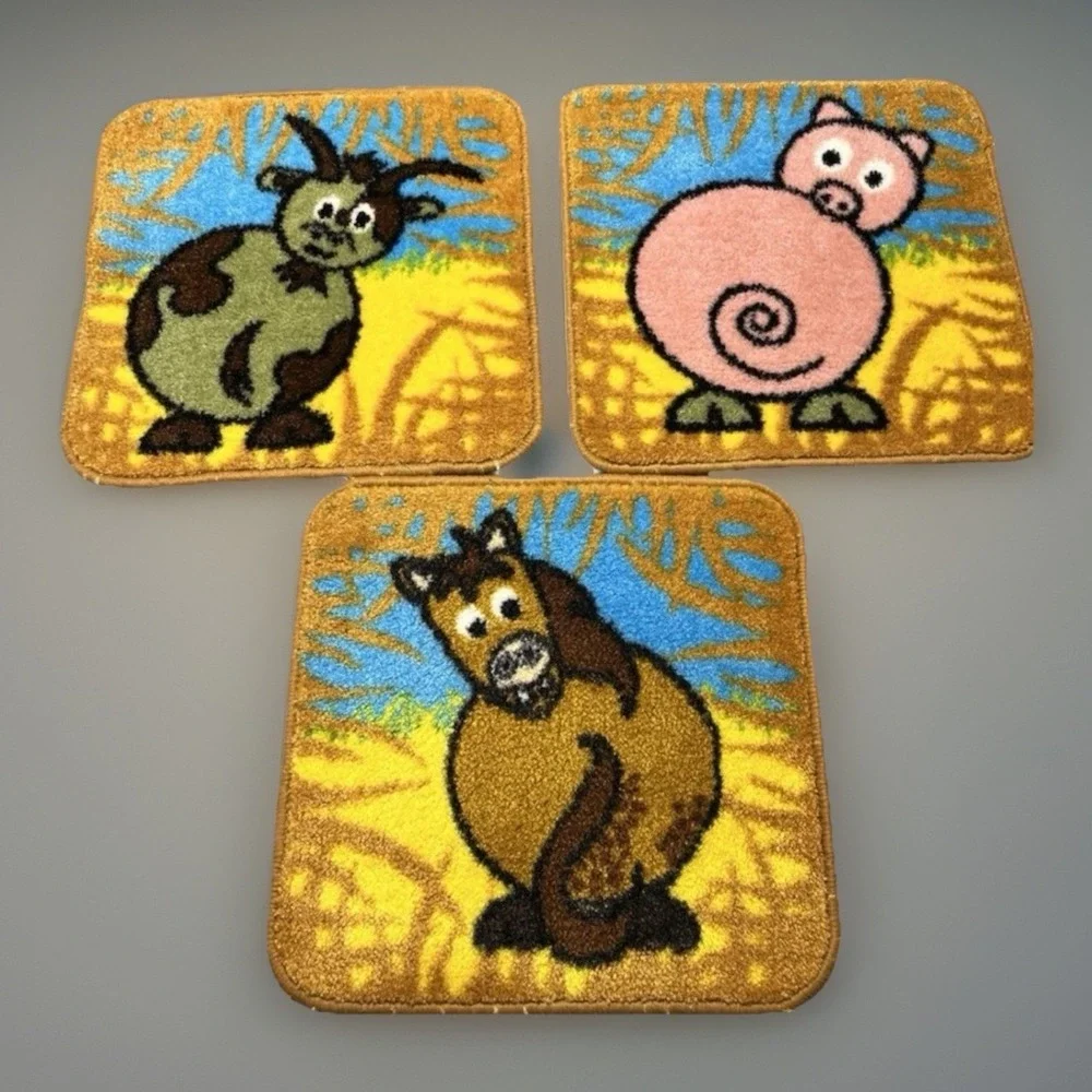 Vintage Retro Cartoon Animal Rugs Set of 7 Fox Duck Pig Bunny Horse Cow Chicken